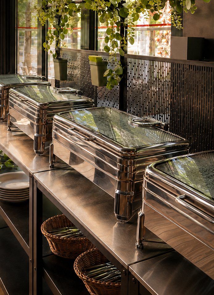 Genuss buffet at Le Frog: stainless steel chafing dishes by the window