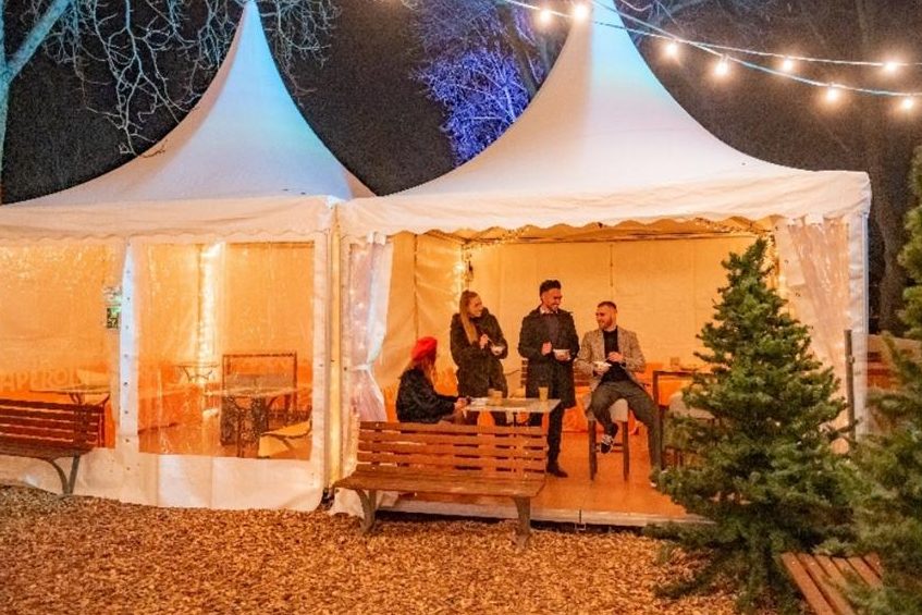 Heated pagoda with guests in the evening